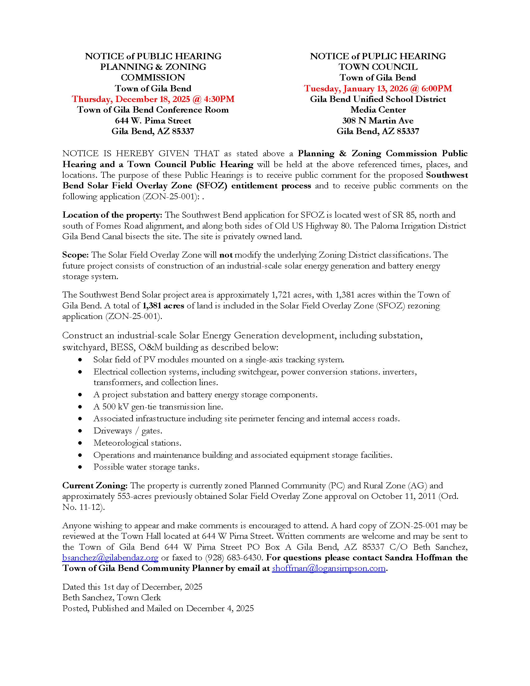 NOTICE Southwest Bend SFOZ PZ Council Hearings